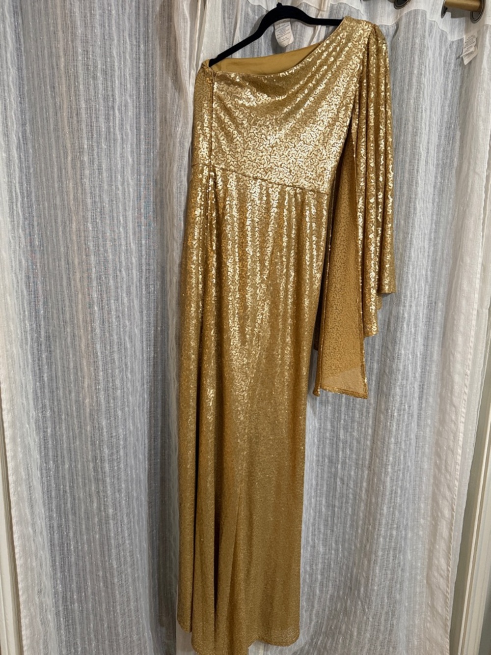 Tadashi Shoji Gold One-Shoulder Sequin Gown with Draped Sleeve - Picture 10 of 10